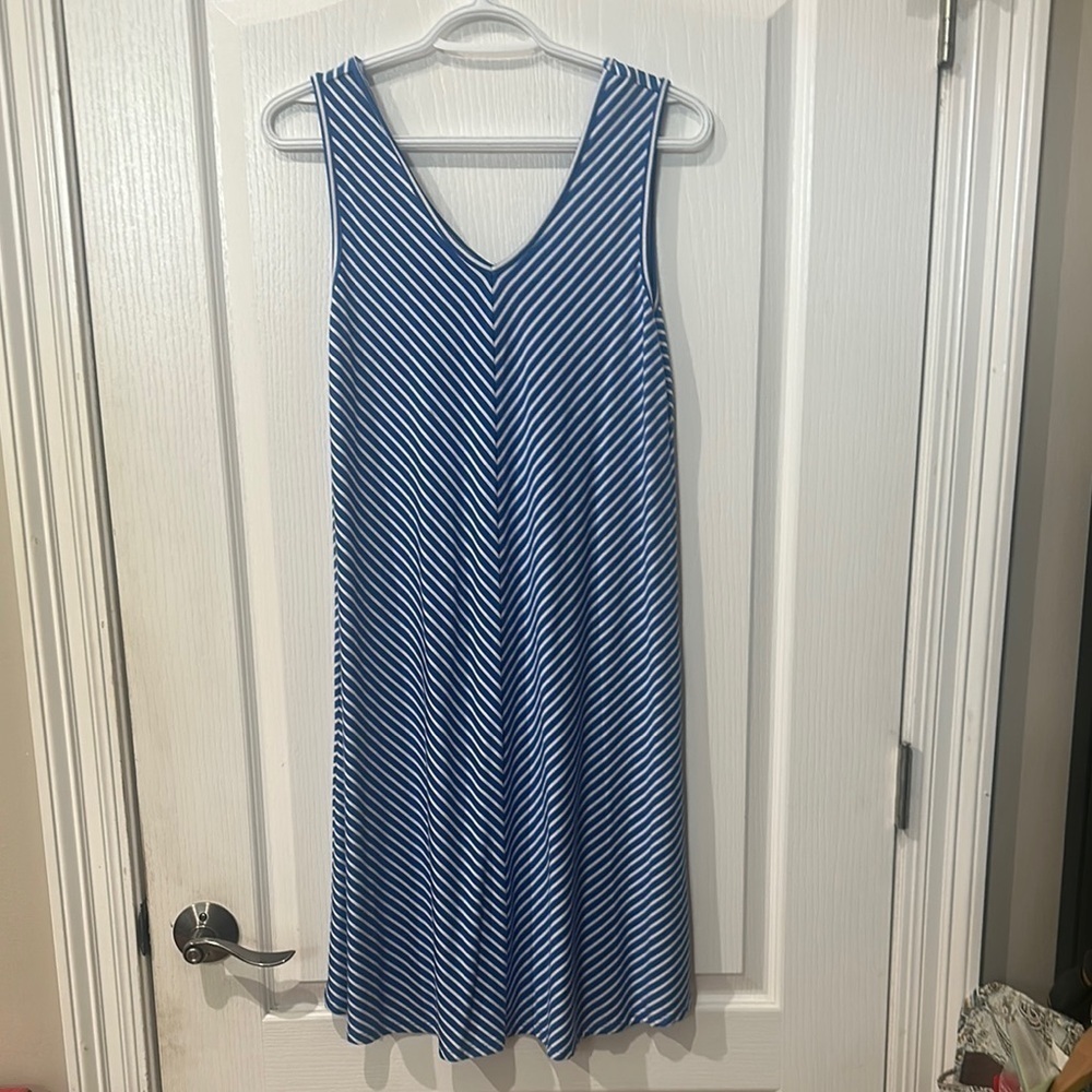 Cupio size S blue and white striped sleeveless double V-neck dress NWOT